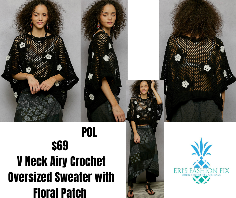 POL UST496 V Neck Short Sleeve Crochet Top with Floral Patches