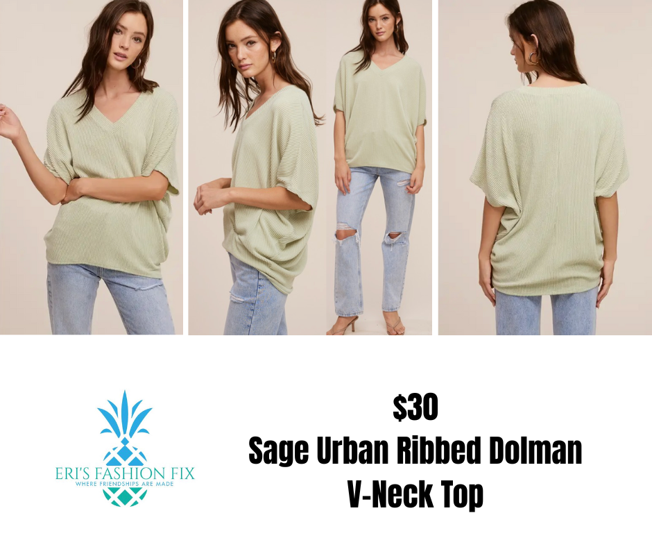 CA Sage Urban Ribbed Dolman V-Neck Short Sleeve Top