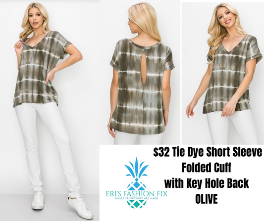 EN JT1347 Tie Dye Short Sleeve Folded Cuff with Key Hole Back