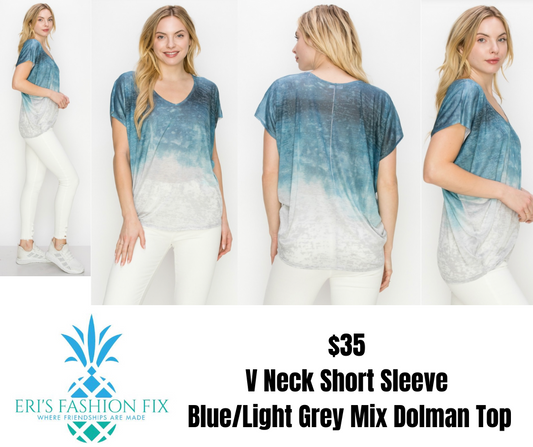 EN JT1394 V Neck Short Sleeve Blue/Light Grey Mix Dolman Top