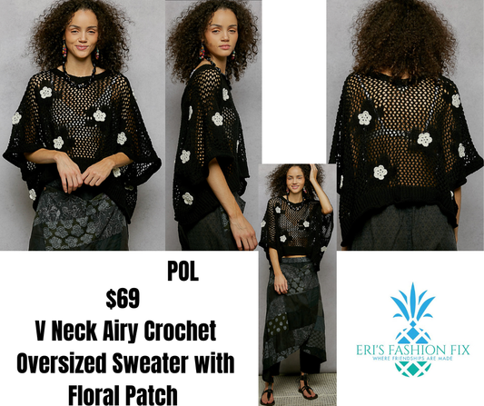 POL UST496 V Neck Short Sleeve Crochet Top with Floral Patches