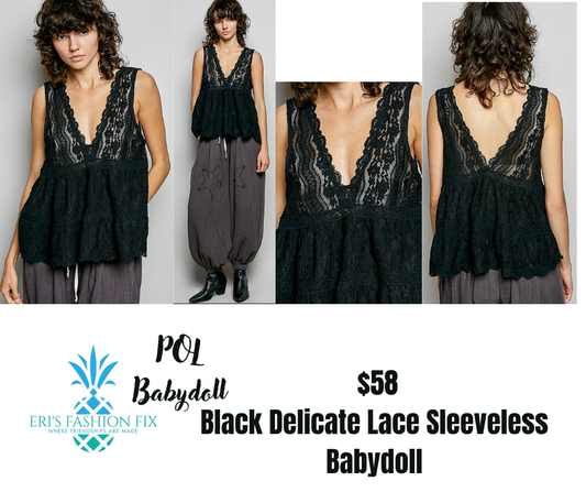POL YKT1736 Black Delicate Lace Sleeveless Babydoll Top